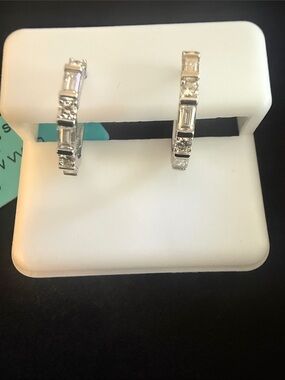 NWT Sterling Silver Hoops with Baguette and Round Moissanite
